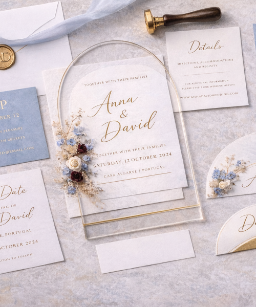 Elegante Hochzeitseinladung und Zubehör